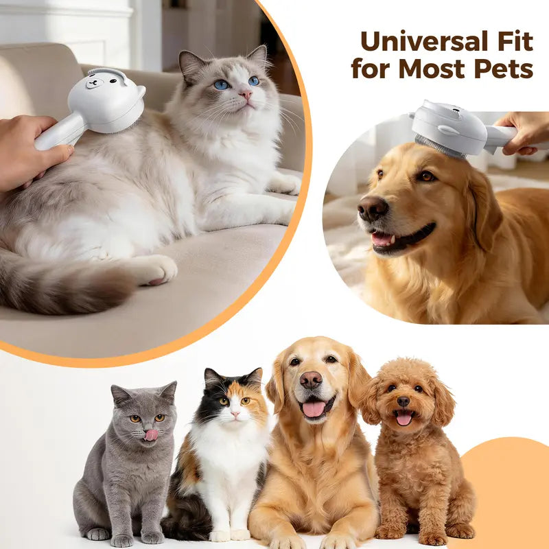 4-in-1 Rechargeable Pet Grooming Steam Brush for Cats and Dogs, Self-Cleaning Deshedding Tool with Dual-Speed Mist Spray, Skin-Safe Stainless Steel Pins, Detangling Massage Comb, and Silicone Hair Remover for Long and Short Hair