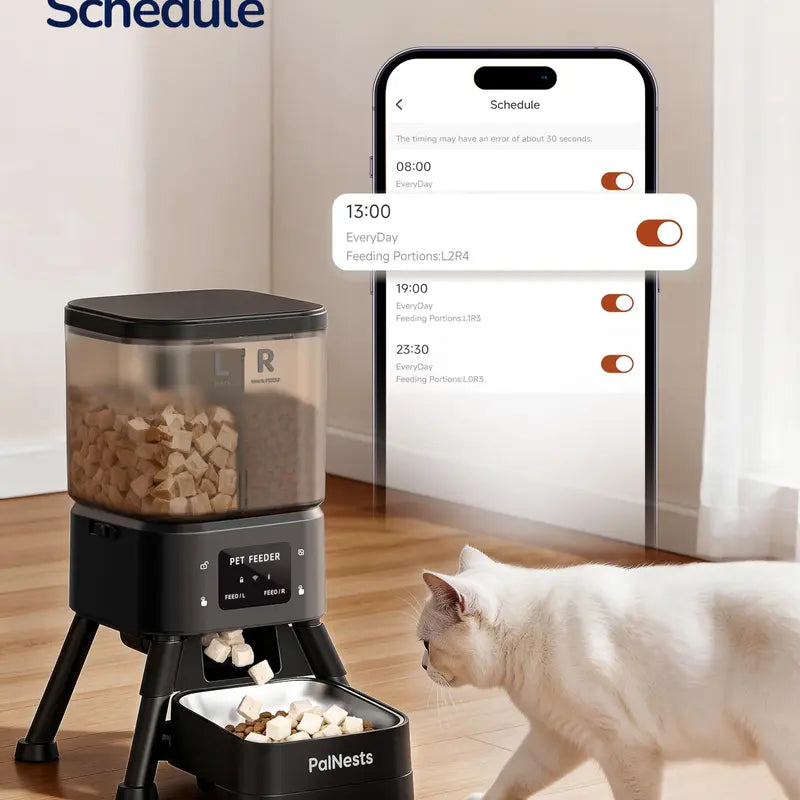 Palnests Smart 2-Hopper Automatic Pet Feeder - 4L Dry Food Dispenser with Detachable Stainless Steel Bowls, Dual-Band Wi-Fi Connectivity, Airtight Design, App Control, Scheduled Feeding, Dual Power Backup, and Low Food Alerts for Cats and Small to Medium Dogs