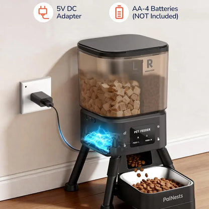 Palnests Smart 2-Hopper Automatic Pet Feeder - 4L Dry Food Dispenser with Detachable Stainless Steel Bowls, Dual-Band Wi-Fi Connectivity, Airtight Design, App Control, Scheduled Feeding, Dual Power Backup, and Low Food Alerts for Cats and Small to Medium Dogs