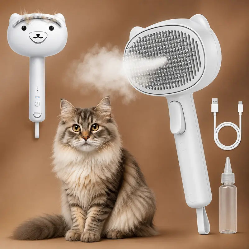 4-in-1 Rechargeable Pet Grooming Steam Brush for Cats and Dogs, Self-Cleaning Deshedding Tool with Dual-Speed Mist Spray, Skin-Safe Stainless Steel Pins, Detangling Massage Comb, and Silicone Hair Remover for Long and Short Hair