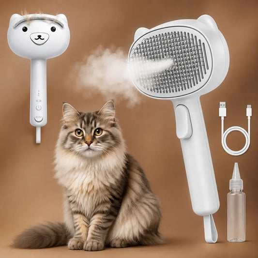 4-in-1 Rechargeable Pet Grooming Steam Brush for Cats and Dogs, Self-Cleaning Deshedding Tool with Dual-Speed Mist Spray, Skin-Safe Stainless Steel Pins, Detangling Massage Comb, and Silicone Hair Remover for Long and Short Hair