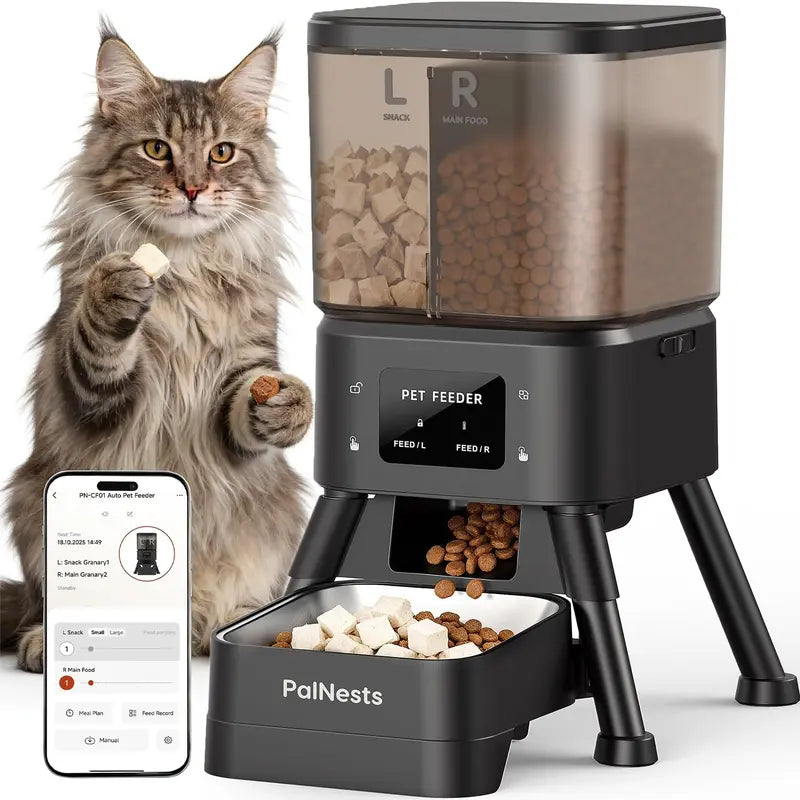 Palnests Smart 2-Hopper Automatic Pet Feeder - 4L Dry Food Dispenser with Detachable Stainless Steel Bowls, Dual-Band Wi-Fi Connectivity, Airtight Design, App Control, Scheduled Feeding, Dual Power Backup, and Low Food Alerts for Cats and Small to Medium Dogs