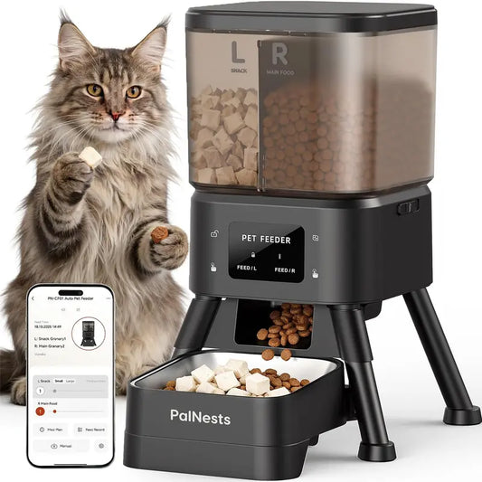 Palnests Smart 2-Hopper Automatic Pet Feeder - 4L Dry Food Dispenser with Detachable Stainless Steel Bowls, Dual-Band Wi-Fi Connectivity, Airtight Design, App Control, Scheduled Feeding, Dual Power Backup, and Low Food Alerts for Cats and Small to Medium Dogs