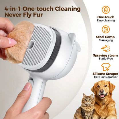 4-in-1 Rechargeable Pet Grooming Steam Brush for Cats and Dogs, Self-Cleaning Deshedding Tool with Dual-Speed Mist Spray, Skin-Safe Stainless Steel Pins, Detangling Massage Comb, and Silicone Hair Remover for Long and Short Hair