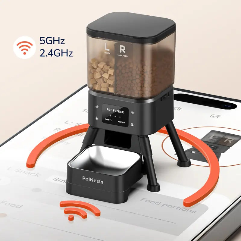 Palnests Smart 2-Hopper Automatic Pet Feeder - 4L Dry Food Dispenser with Detachable Stainless Steel Bowls, Dual-Band Wi-Fi Connectivity, Airtight Design, App Control, Scheduled Feeding, Dual Power Backup, and Low Food Alerts for Cats and Small to Medium Dogs